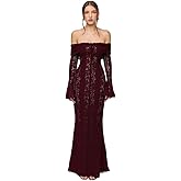 Women's Off Shoulder Lace Maxi Dress Elegant Mermaid Cocktail Party Dress with Flare Sleeves for Vacation Formal Evening Gown