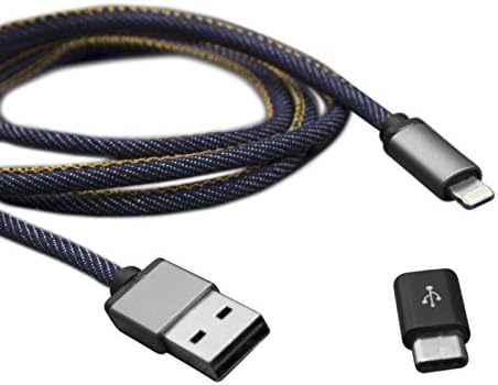 Stylish Denim Apple AND Android Compatible Charging Cable - Single Unit Charges BOTH Micro USB AND Lighting Port AND USB Type C Adapter Included - Over 3 Ft in Length (Denim Styled PU Leather)