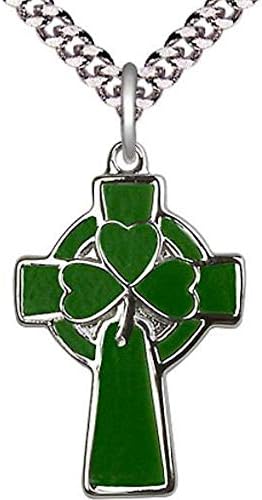 Shamrock Celtic Cross in Fine Pewter with Green Enamel, 15/16", 18" Rhodium Plated Clasp Chain