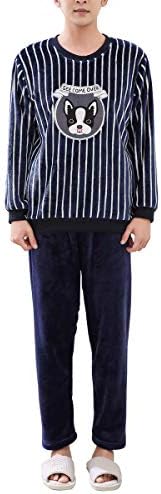 Amtop Men's 2 Pcs Pajama Set Long Sleeve Striped Cute Cartoon Flannel Top Cozy Homewear Pants Set Men’s Nighty