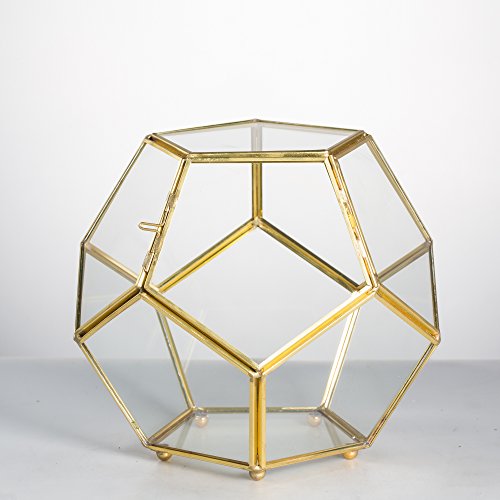 NCYP Close Footed Gold Copper Brass Glass Geometric Terrarium with Door Pentagon Ball Shape Close Fern Moss Succulent Planter Pot Display Case Box 5.9inches (No Plants)