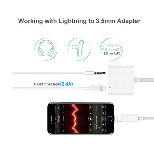 Headphones Adaptor for iPhone Xs/Xs Max/XR/ 8/8Plus/X(10)/7/7Plus to 3.5mm Jack Converter Car Charge Accessories Cables & Audio Connector 2 in 1 Earphone Splitter Adaptor Support All iOS Syste -White