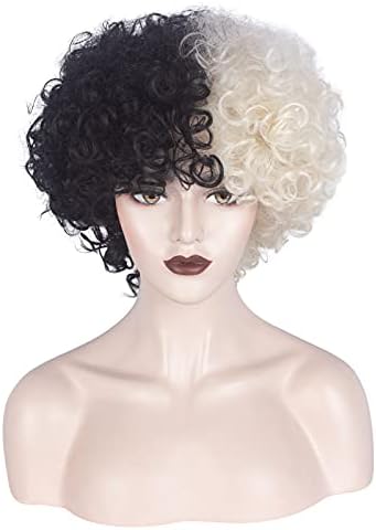 Black And White Wig, Women Short Curly Wave Heat Resistance Shoulder Length Wigs For Halloween Costume Cosplay And Wig Parties 14inch