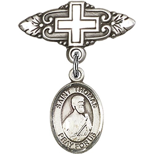 Sterling Silver Baby Badge with St. Thomas the Apostle Charm and Badge Pin with Cross 1 X 3/4 inches
