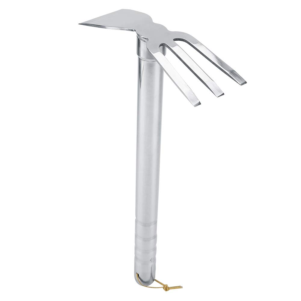 2-in-1 Garden Hoe and Rake for Soil Loosening, Steel Cultivator with Rubber Handle, 39cm Metal Weed Tool for Outdoor Digging and Weeding