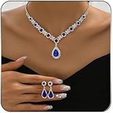 Rhinestone Waterdrop Bridal Necklace Earring Set for Women Silver Crystal Wedding Choker Necklace Geometry Teardrop Dangle Drop Earrings Wedding Party Prom Jewelry Set for Bridal Bridesmaid (Blue)