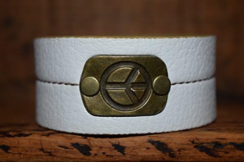 Upcycled White Brown Stitched Leather Cuff Bracelet Riveted with Peace Sign Medallion