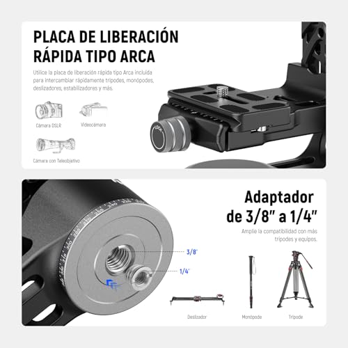 NEEWER GM102 Cabezal Gimbal para Trípode Monópode Teleobjetivos, 360° Cabezal Trípode Cámara Panorámica, Ajuste 3 Ejes, Aleación Aluminio CNC Resistente, Liberación Rápida Tipo Arca, Carga Máx 15 kg