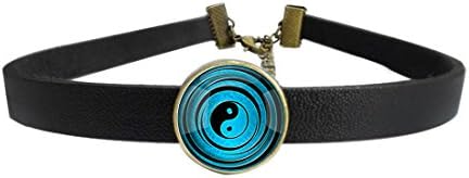 WAZZIT Vintage Choker Neck Collar Blue Long Bronze Chain Yin Yang Goth Punk Leather Necklace with Glass Pendant