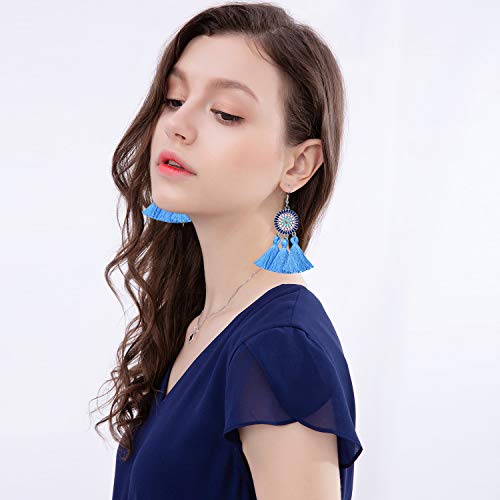 12 Pairs Vintage/retro Tassel Earrings for Women and Girls- Colorful Boho Dangle Earrings Blue Yellow Statement Lightweight Hoops White Bohemian Fringe Earrings for Women