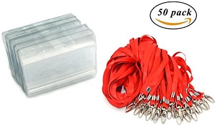 Aobear 50pcs Waterproof Transparent Transverse ID Label Badge and Sturdy Lanyard (red)