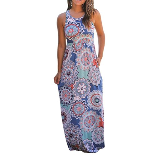 Kingfansion Women Sleeveless Floral Print Maxi Dress with Pockets (L, Multicolor)