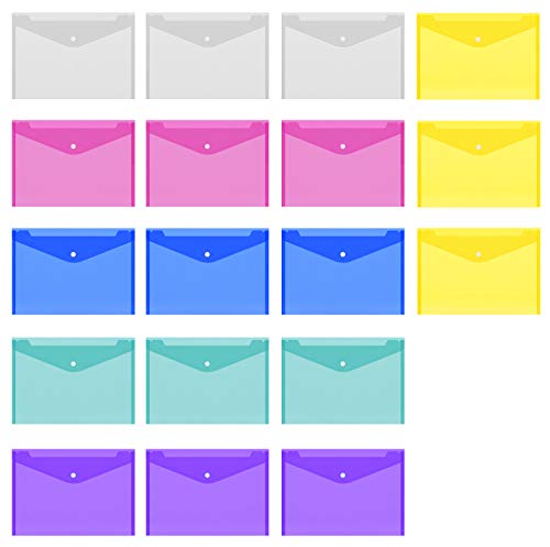 Set of 18 Document Folder Plastic Envelopes with Snap Button Transparent Poly Envelops Waterproof Project Envelope Folder, US Letter/A4 Size-6 Colors for School,Home,Office Organization