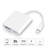 VABSCE Digital Camera USB Reader Adapter, OTG Adapter Cable with Charging Port and USB Female Port Compatible with iPhone/iPad, Plug and Play, No App Required - White