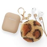 Airpods Case - BlUEWIND Drop Proof Air Pods Protective Pom Pom Keychain Case Cover Silicone Skin for Apple Airpods 2 & 1 Charging Case, Cute Fur Ball Airpods Key (Khaki case with leopard print pompom)