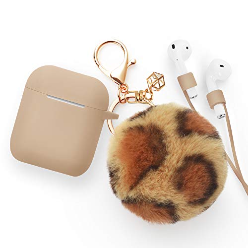 Airpods Case - BlUEWIND Drop Proof Air Pods Protective Pom Pom Keychain Case Cover Silicone Skin for Apple Airpods 2 & 1 Charging Case, Cute Fur Ball Airpods Key (Khaki case with leopard print pompom)