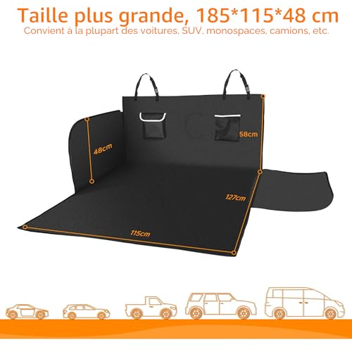 KYG Protection Coffre Voiture Chien Imperméable Housse Protection de Coffre de Voiture, 2 Grandes Poches, Antidérapant Couverture de Coffre pour Plupart Voitures, Allonger et Élargir 185*115*48 cm