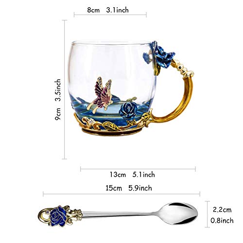 Tea Cup Coffee Mug Cups, Clear Glass Coffee Cups Tea Mugs with Spoon Set Handmade Enamel Butterfly Rose Flower,12 oz (Blue Rose) Ideal for Friend Wedding Anniversary Birthday Presents
