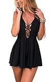 YOINS Women Sleeveless Plunge Neck Open Back Playsuit Pleated Romper Black S