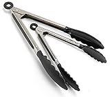 Dr.Luck Kitchen Serving Locking Tongs Set - Salad & Grill (BBQ) Stainless Steel Tongs With Silicone Tips - 9 And 12 Inches (Black) Set Of 2