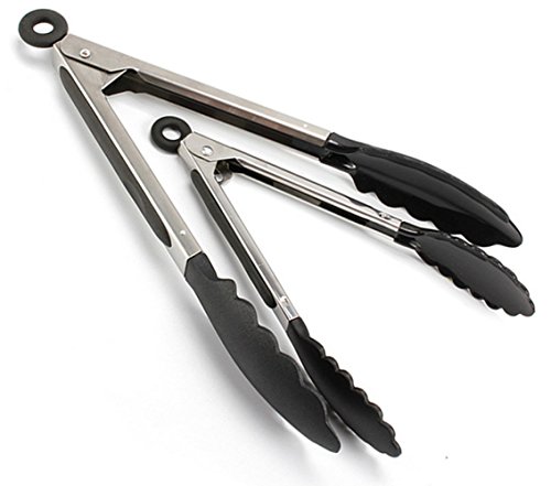 Dr.Luck Kitchen Serving Locking Tongs Set - Salad & Grill (BBQ) Stainless Steel Tongs With Silicone Tips - 9 And 12 Inches (Black) Set Of 2
