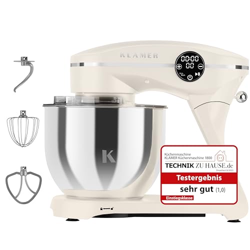 KLAMER Küchenmaschine 1800W, Knetmaschine Brotteig mit 6L Edelstahlschüssel