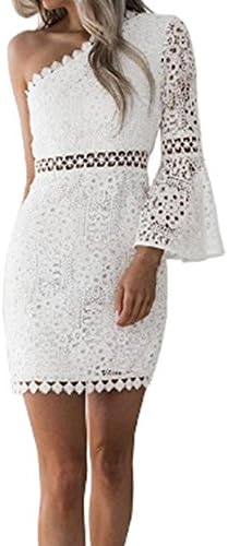 YiKeZhiXiu Women's Casual White One Shoulder Lace Cocktail Mini Bodycon Dress White Small