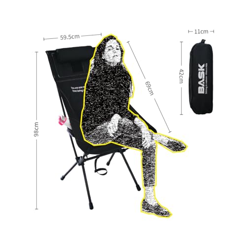 BASK Daydream Cadeira Premium Dobrável com Encosto Alto e Travesseiro – Extra Grande, Estrutura em Alumínio Resistente (150kg) – Portátil para Camping, Pesca, Praia e Lazer – Preto