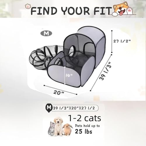 Pet Playpen with Breathable Soft Mesh Sides and Surround Tunnel, Indoor & Outdoor Cat and Small Animal Enclosure Tent, Lightweight Easy-Setup Pet Fence with Carry Bag (Medium)