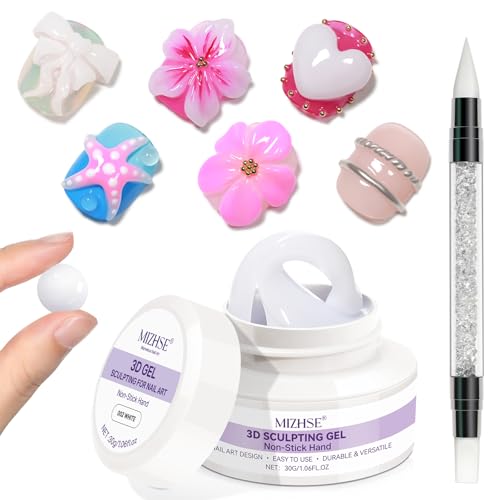 MIZHSE 30G White 3D Sculpture Nail Gel, 3D Gel Nail Art for Modeling, Nail Sculpture Glue Non Stick Hand, Rhinestone Glue for Nail Art with Silicone Brush, DIY Manicure Tool
