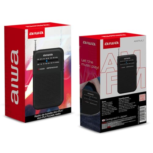 Aiwa Radio Portátil Am/FM de Bolsillo AWFML1, Altavoz 1.5”, Conector Audífonos 3.5 mm, Funciona con 2 AAA, Diseño Compacto Ligero Color Negro, Recepción Clara y Fácil de Usar