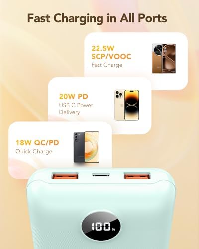 20000mAh Batería Externa Power Bank - Batería Portátil con Carga Rápida 22.5W QC3.0, USB-C Entrada y Salida para iPhone, Android, Tablets y Más (Verde Jade)