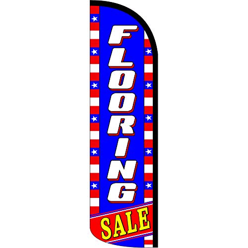 FLOORING SALE (Blue/White/Stars) Windless Feather Flag Bundle (11.5' Tall Flag, 15' Tall Flagpole, Ground Mount Stake)
