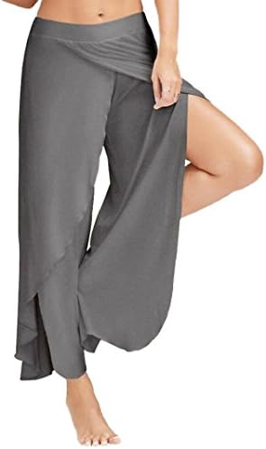 Qisc Women Pants Women's Fold Over Waist Belted Palazzo Yoga Lounge Pants Wide Leg Culottes Trousers With Side Fork (XL, Dark Gray)