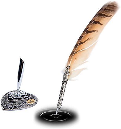 [2-Pack] Premium Feather Quill Pen &amp; Ink Set by Qulam w/ Fancy Holder, 5 Calligraphy Nibs &amp; Ink Bottle. Ideal Antique Desk Decor. Best Gift &amp; Fancy Dip Pen For All