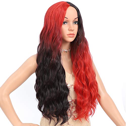 Amchoice Black Red Ombre Wigs for Women Long Curly Wavy Hair Wig Cute Fashion Heat Resistant Synthetic Wigs for Daily Party Cosplay Halloween 26 Inch