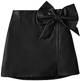 BEAUDRM Girl's Cute PU Leather Skirt Elastic High Waist Split Hem Bow Front Mini Skirts