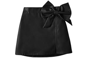 BEAUDRM Girl's Cute PU Leather Skirt Elastic High Waist Split Hem Bow Front Mini Skirts