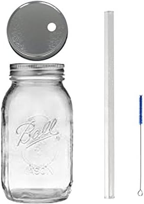 Mason Drinking Jar with Glass Straw, 1 Lid and Straw Cleaner- 32oz Bundle (silver)