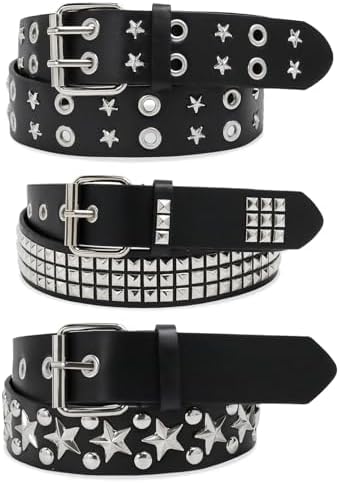 3pcs Y2K Goth Punk Studded Belt Set, Double Grommet & Pyramid Belts for Adults Euphrates, Black Studded Belt, 43.3 main image 2