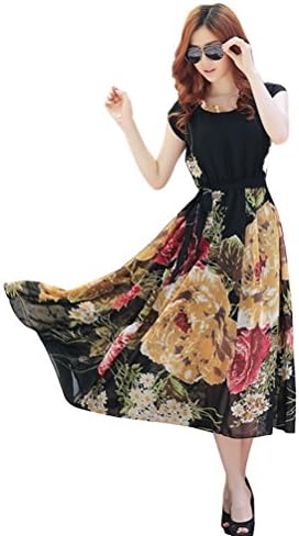POGT Women's Summer Casual Short Sleeve Floral Print Bohemian Chiffon Long Maxi Dress
