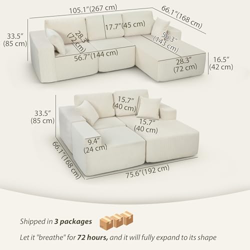 HOMCOM 105" L-Shaped Modular Sectional Sofa, Boneless Cloud Couch with Deep Seat, Wide Armrests, Pillows, 2-in-1 Corduroy Sofa Bed for Living Room, No Assembly Required, Cream