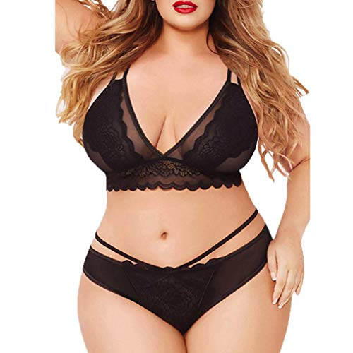 Plus Size Lace Bralette Set,Women's Lace Lingerie Bra and Panty Set Strappy Babydoll Bodysuit Outfits (XXXXXL, Black)