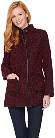 Susan Graver Boucle Hidden Zip Frnt Jacket Faux Leather Trim Wine 16 New A281163