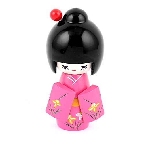 uxcell Wooden Flower Grass Print Gift Smiling Kimono Japanese Girl Kokeshi Doll Fuchsia