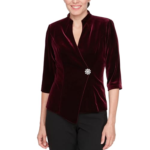 Photo 1 of Alex Evenings Women's Petite Asymmetric Pointed Hem Blouse with Embellished Closure, Formal Event, Party, Wine Velvet LARGE PLUS 