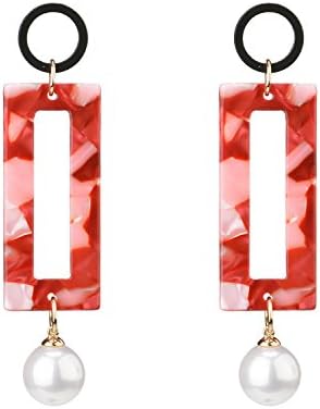 Manerson Rectangle Drop Earrings Acrylic Imitation Pearls Hollow Geometry Dangle Earrings(Red)