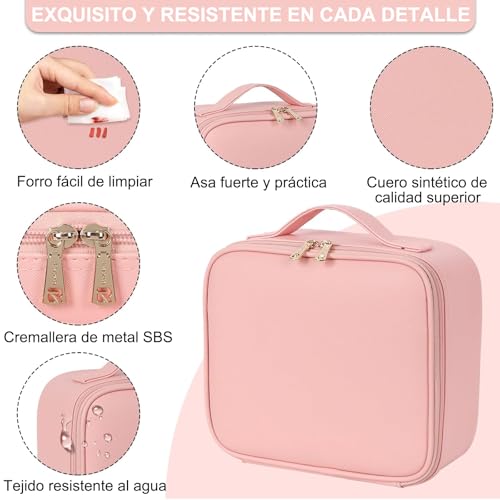 26cm Estuche de Maquillaje con Espejo Iluminado, Bolsa de Maquillaje de Viaje con Espejo LED Desmontable, Tres modos de luz ajustables, con mini espejos plegable, 2 Mini Esponjas De Maquillaje (Rosa)