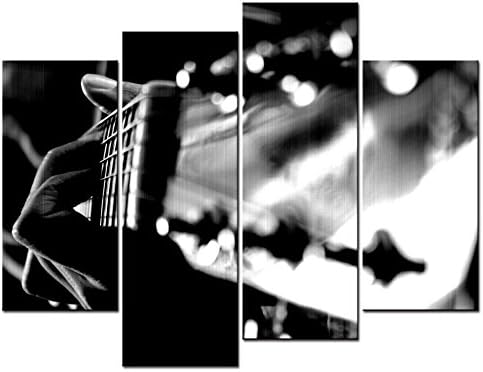 SmartWallArt - 4 Panel Wall Art Painting Black And White Picture Electric Guitar And Guitar Player Picture On Canvas Stretched By Wooden frames-For Living Room Decor Or As A Gift