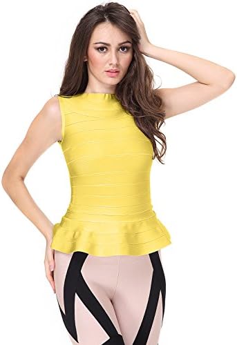 Crediy Peplum Sleeveless Bodycon Rayon Bandage Tank Top Pure Color Party Ruffles Celebrity (M, Yellow)